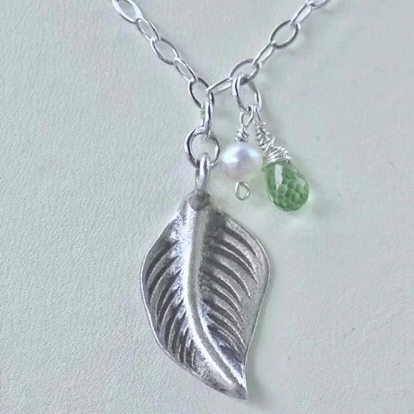 Silver Leaf Pendant, Autumn Necklace, Hill Tribe Silver, Peridot, Pearl - Picture 2 of 3
